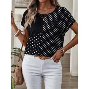 EMERY ROSE Polka Dot Print Round Neck Casual Shirt, Short Sleeve - black - Med